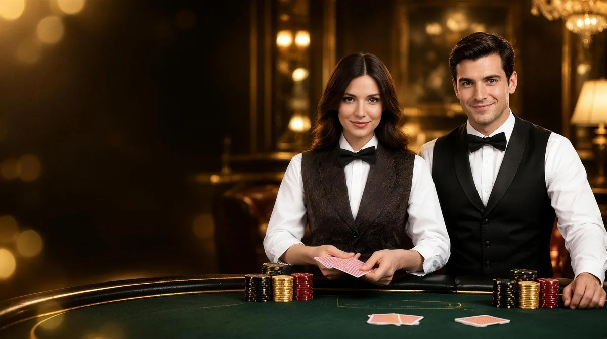 Croupiers Anna and Victor smiling behind the poker table